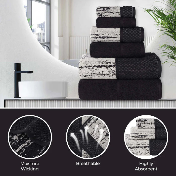 Lodie Cotton Plush Jacquard Solid and Two-Toned 12 Piece Towel Set - Black/Ivory