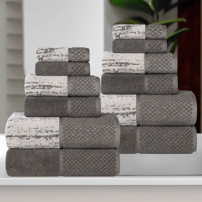 Lodie Cotton Plush Jacquard Solid and Two-Toned 12 Piece Towel Set - Charcoal/Silver