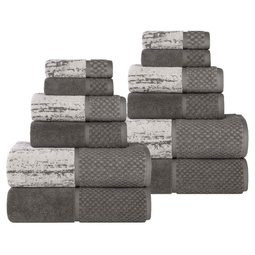 Lodie Cotton Plush Jacquard Solid and Two-Toned 12 Piece Towel Set - Charcoal/Silver