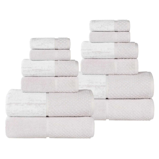 Lodie Cotton Plush Jacquard Solid and Two-Toned 12 Piece Towel Set - Stone/White