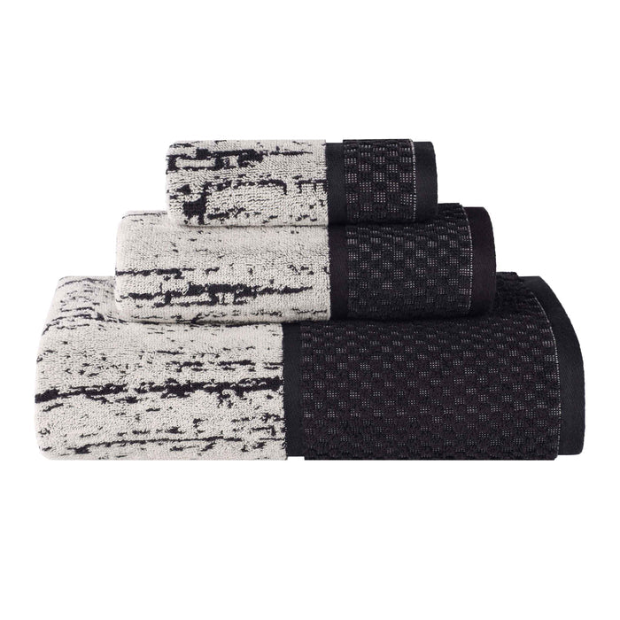 Lodie Cotton Plush Soft Absorbent Two-Toned 3 Piece Towel Set - Black/Ivory