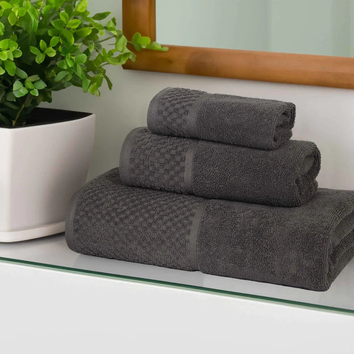 Lodie Cotton Plush Soft Absorbent Jacquard Solid 3 Piece Towel Set - Charcoal
