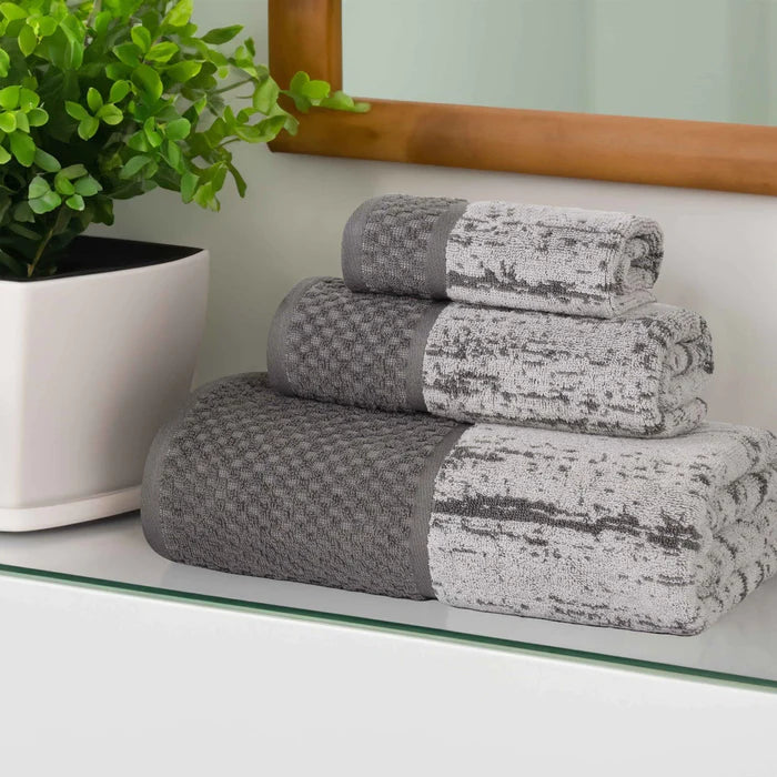 Lodie Cotton Plush Soft Absorbent Two-Toned 3 Piece Towel Set - Charcoal/Silver