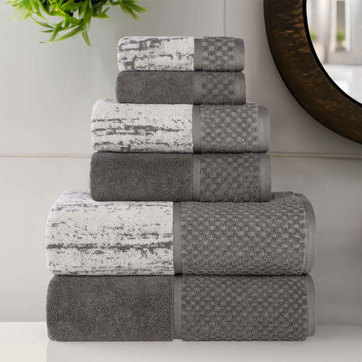 Lodie Cotton Plush Jacquard Solid and Two-Toned 6 Piece Towel Set - Charcoal/Silver