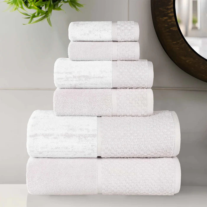 Lodie Cotton Plush Jacquard Solid and Two-Toned 6 Piece Towel Set - Stone/White