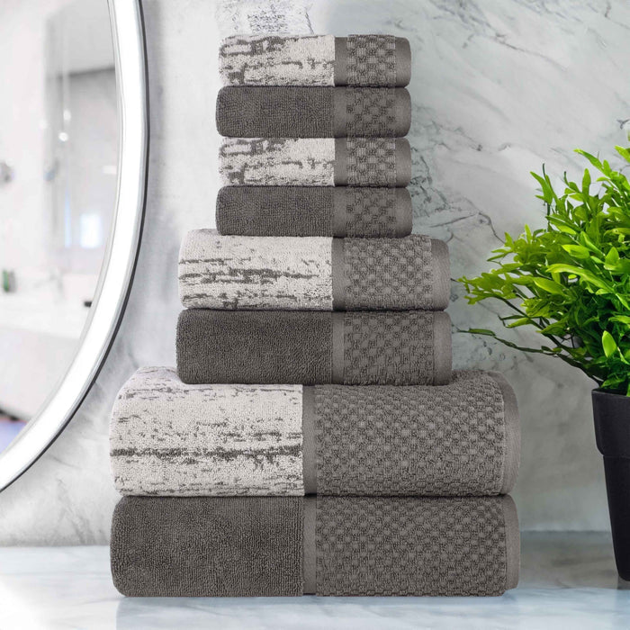 Lodie Cotton Plush Jacquard Solid and Two-Toned 8 Piece Towel Set - Charcoal/Silver