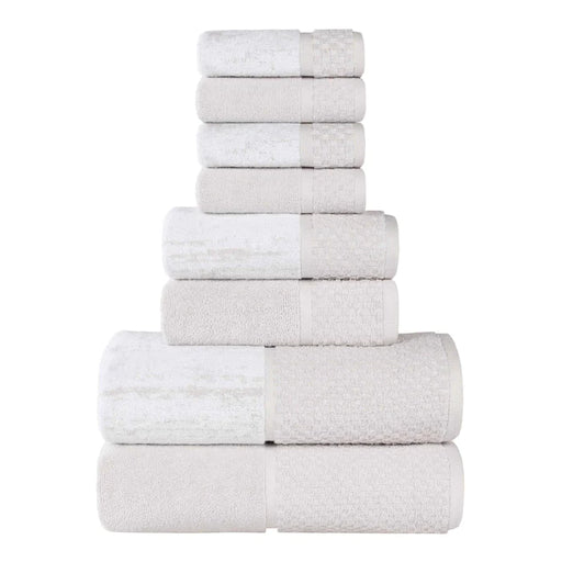 Lodie Cotton Plush Jacquard Solid and Two-Toned 8 Piece Towel Set - Stone/White