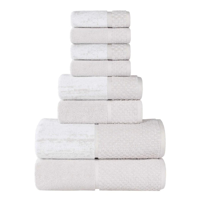 Lodie Cotton Plush Jacquard Solid and Two-Toned 8 Piece Towel Set - Stone/White