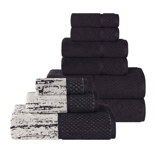 Lodie Cotton Plush Jacquard Solid and Two-Toned 9 Piece Towel Set - Black/Ivory