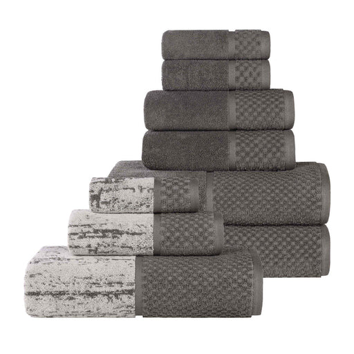 Lodie Cotton Plush Jacquard Solid and Two-Toned 9 Piece Towel Set - Charcoal/Silver