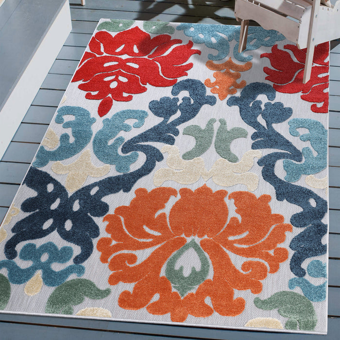 Lowell Traditional Damask Indoor Outdoor Area Rug - Multicolor