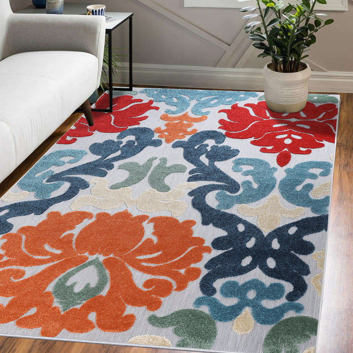 Lowell Traditional Damask Indoor Outdoor Area Rug - Multicolor