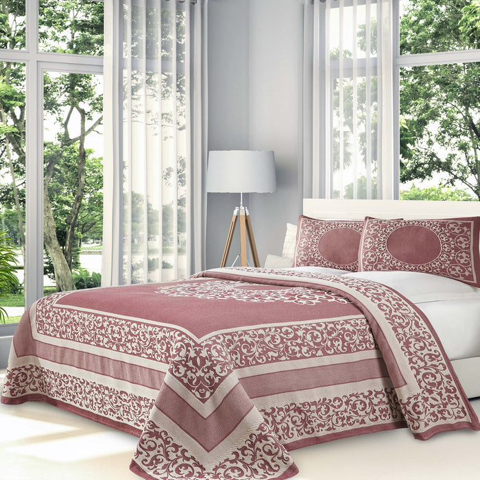 Boho Mandala Cotton Blend Woven Jacquard Bedspread Set - Berry Red