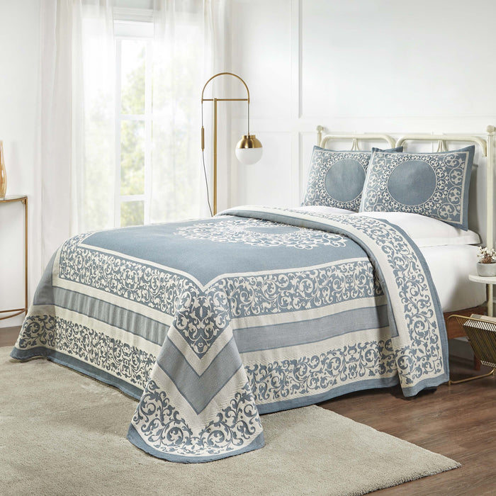 Boho Mandala Cotton Blend Woven Jacquard Bedspread Set - Cerulean Blue