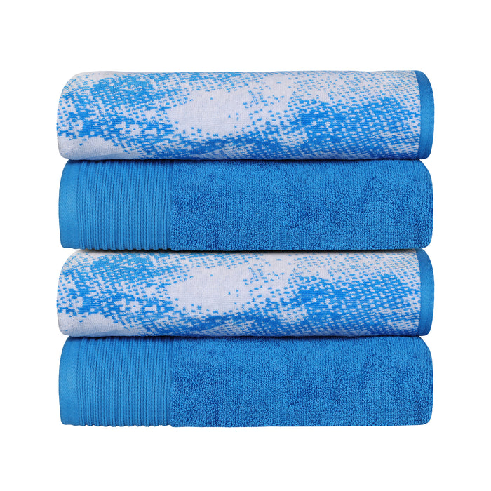 Cotton Assorted Solid and Marble Effect 4 Piece Bath Towel Set - Blue