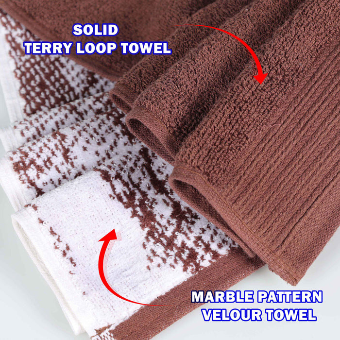 Cotton Assorted Solid and Marble Effect 4 Piece Bath Towel Set - Bronze