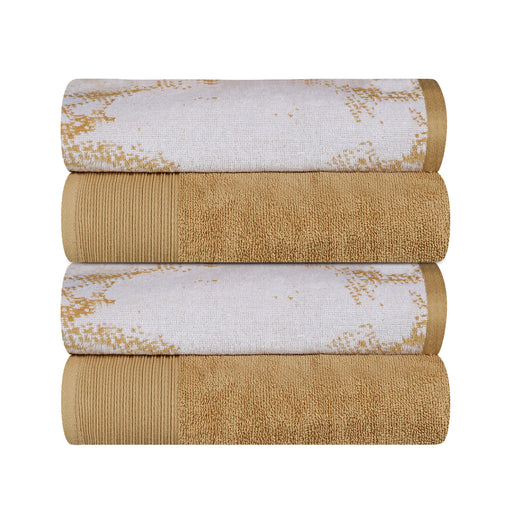 Cotton Assorted Solid and Marble Effect 4 Piece Bath Towel Set - Brown