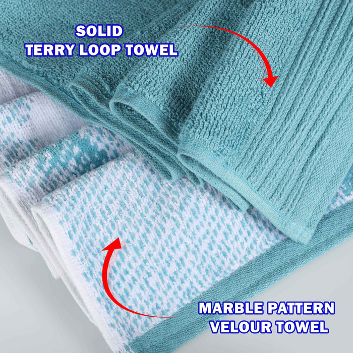 Cotton Assorted Solid and Marble Effect 4 Piece Bath Towel Set - Cyan