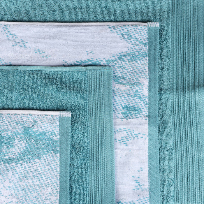 Cotton Assorted Solid and Marble Effect 4 Piece Bath Towel Set - Cyan