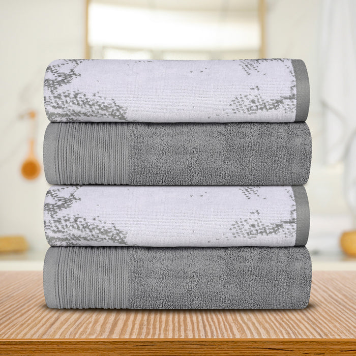 Cotton Assorted Solid and Marble Effect 4 Piece Bath Towel Set - Grey