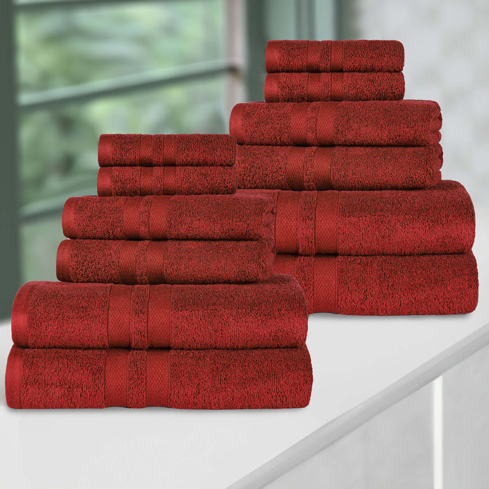 Ultra-Soft Cotton Absorbent Quick-Drying 12 Piece Assorted Towel Set - Maroon