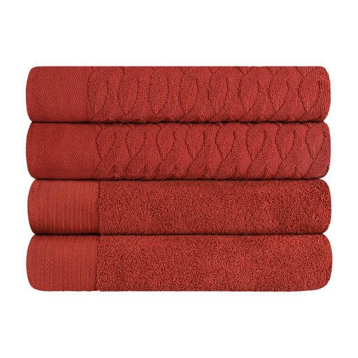 Turkish Cotton Jacquard Herringbone and Solid 4 Piece Bath Towel Set - Maroon