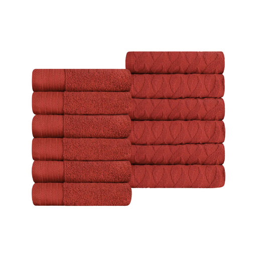 Turkish Cotton Jacquard Herringbone and Solid 12 Piece Face Towel Set - Maroon