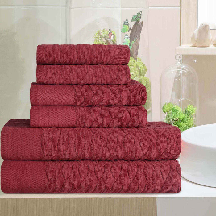 Turkish Cotton Herringbone Jacquard Assorted 6 Piece Towel Set - Maroon