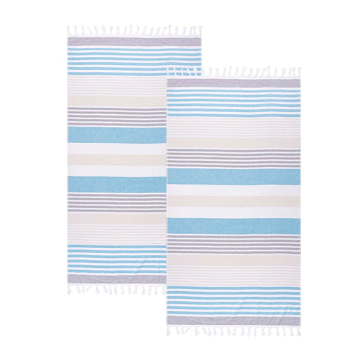 Meera Stripe Fouta 2 Piece Beach Towel Set with Tassels - SkyBlue