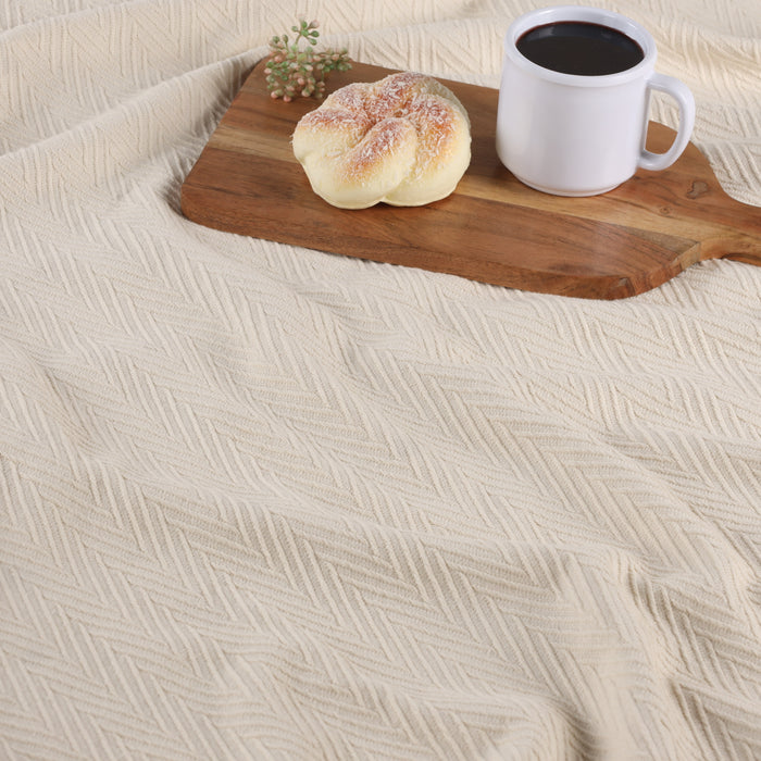 All-Season Chevron Cotton Bed Blanket & Sofa Throw - Ivory