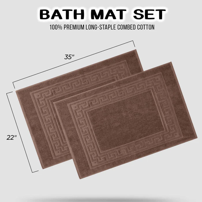 Cotton 2 Piece Greek Key Border Super Absorbent Bath Mat Set - Mocha