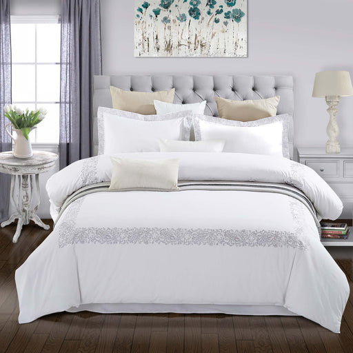 Moonlawn Cotton Floral Embroidered Duvet Cover Set  - White