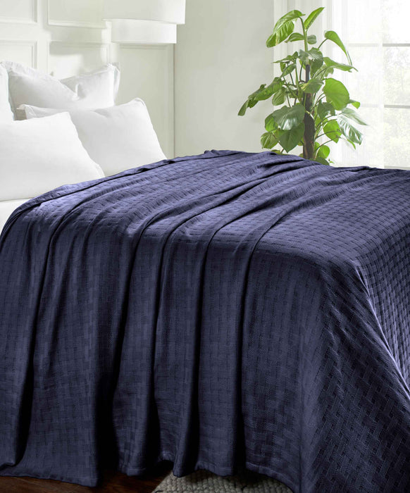 Basketweave All Season Cotton Bed Blanket & Sofa Throw - Navy  Blue