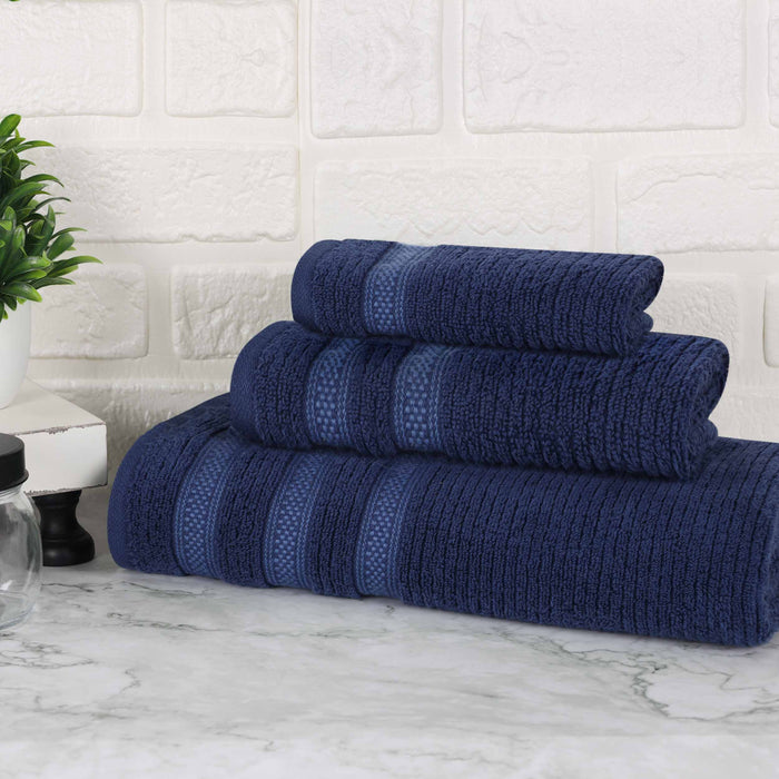 Zero Twist Cotton Ribbed Geometric Border Plush 3 Piece Towel Set