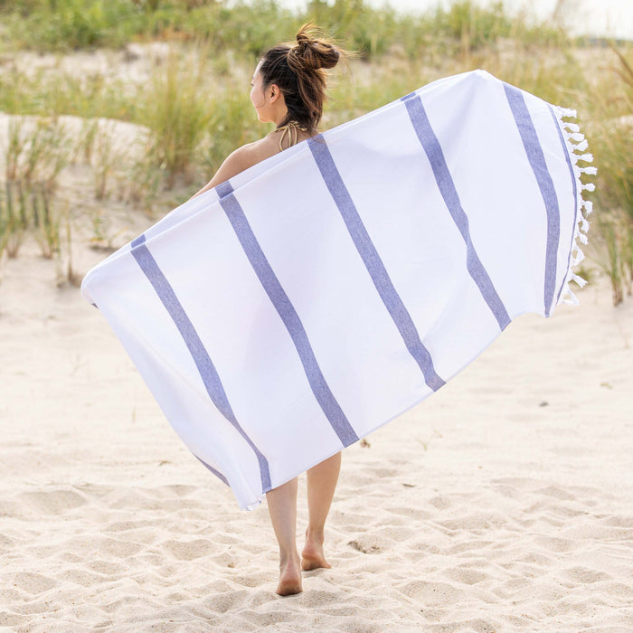 Tropical Cabana Stripe Fouta 2 Piece Beach Towel with Tassels - NavyBlue