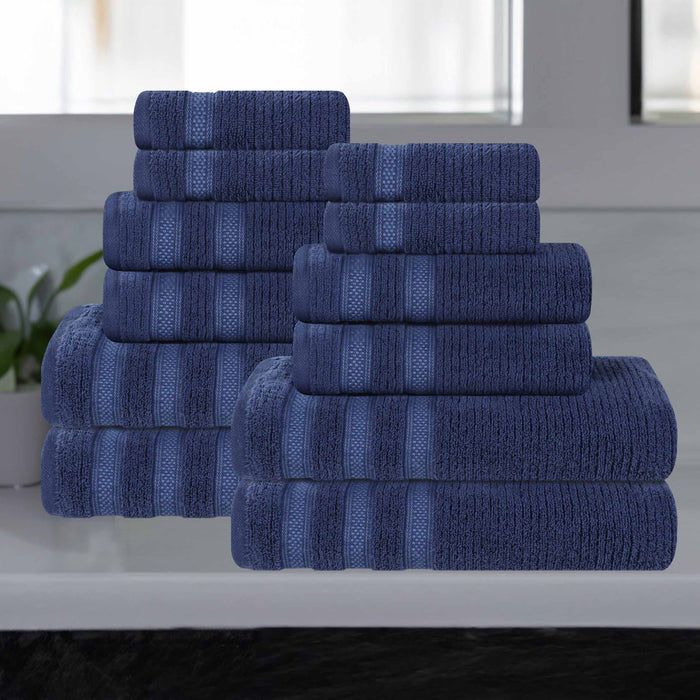Zero Twist Cotton Ribbed Geometric Border Plush 12-Piece Towel Set - Navy Blue