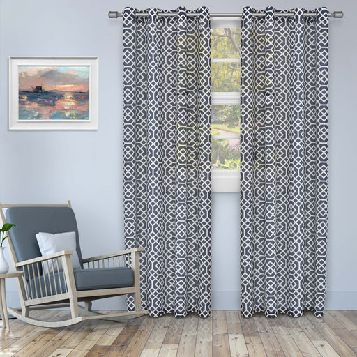 Printed Honey Comb Sheer Curtain Panel Set with Grommet Top Header - Navy Blue