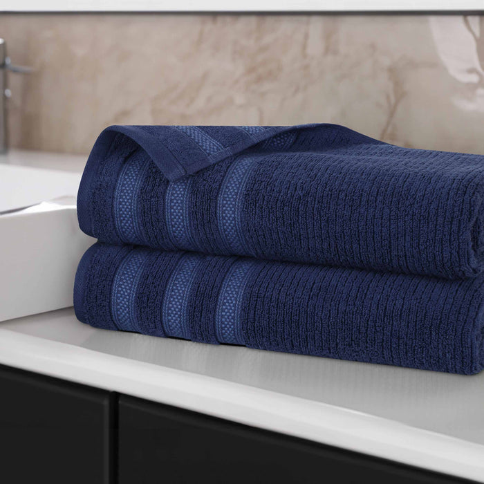 Zero Twist Cotton Ribbed Geometric Border Plush Bath Sheet Set of 2