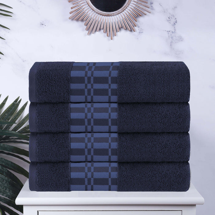 Larissa Cotton Geometric Embroidered Border Bath Towels, Set of 4 - NavyBlue