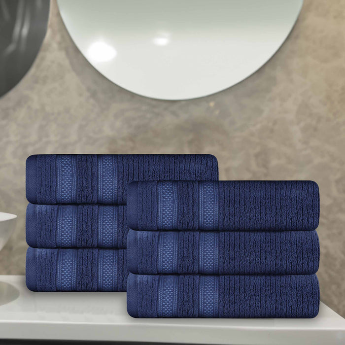 Zero Twist Cotton Ribbed Geometric Border Plush Hand Towel Set of 6