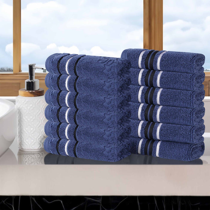 Sadie Zero Twist Cotton Solid Jacquard Floral Face Towel Set of 12 - Navy Blue