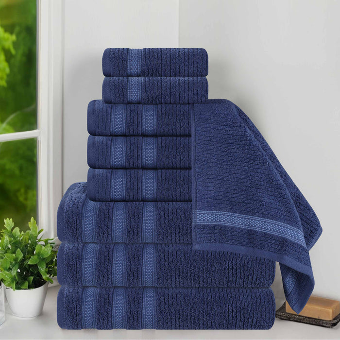 Zero Twist Cotton Ribbed Geometric Border Plush 9 Piece Towel Set - Navy Blue