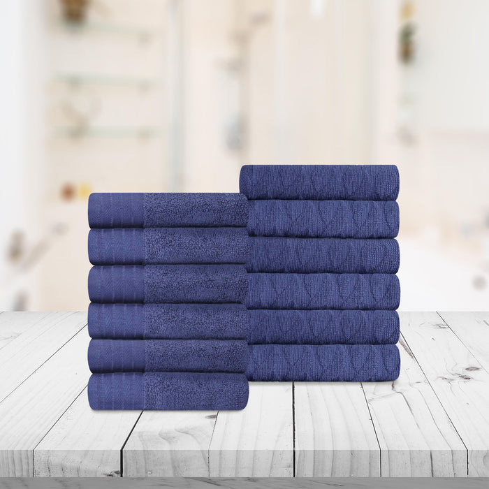 Turkish Cotton Jacquard Herringbone and Solid 12 Piece Face Towel Set - Navy Blue