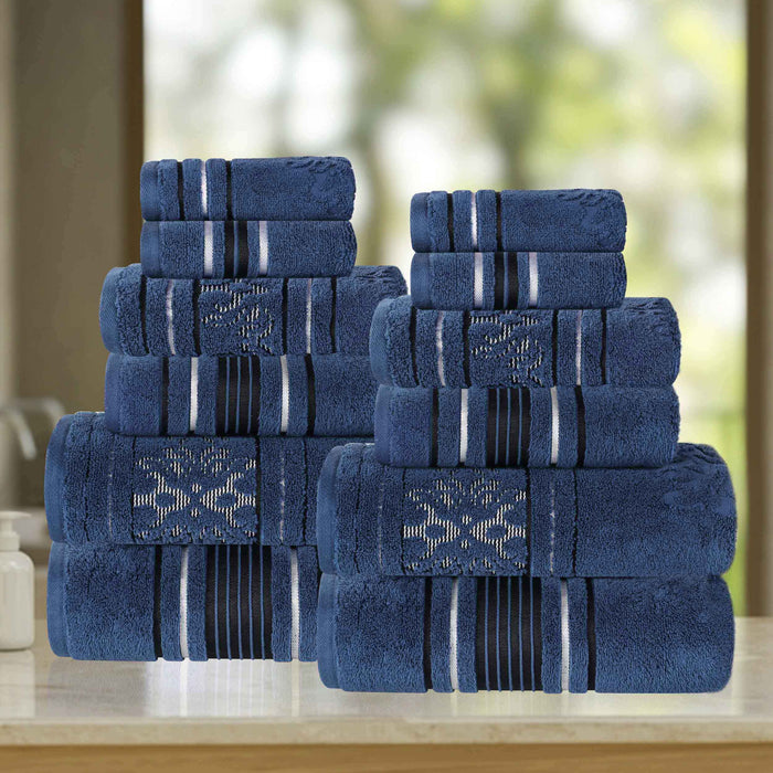 Sadie Zero Twist Cotton Solid and Jacquard Floral 12 Piece Towel Set