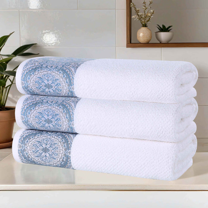 Medallion Cotton Jacquard Textured Bath Towels, Set of 3 - NavyBlue