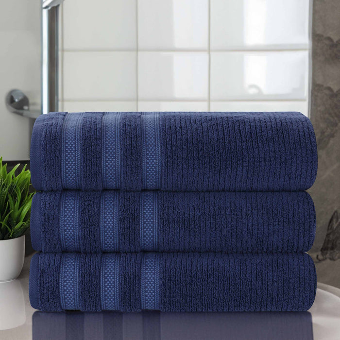 Zero Twist Cotton Ribbed Geometric Border Plush Bath Towel Set of 3