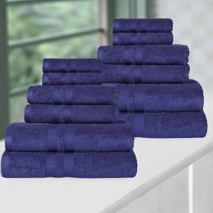 Ultra-Soft Cotton Absorbent Quick-Drying 12 Piece Assorted Towel Set - NavyBlue
