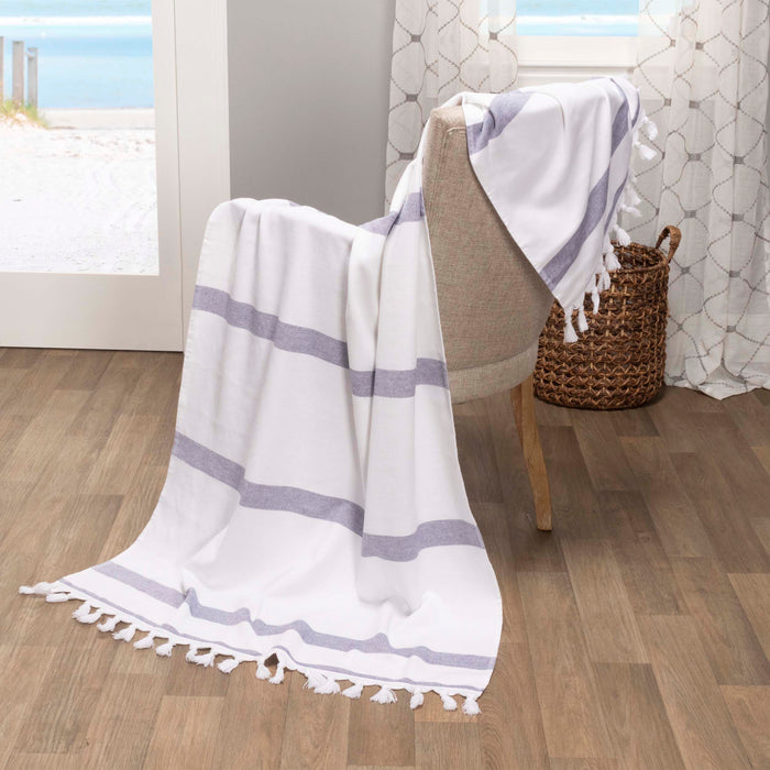 Tropical Cabana Stripe Fouta 2 Piece Beach Towel with Tassels - NavyBlue