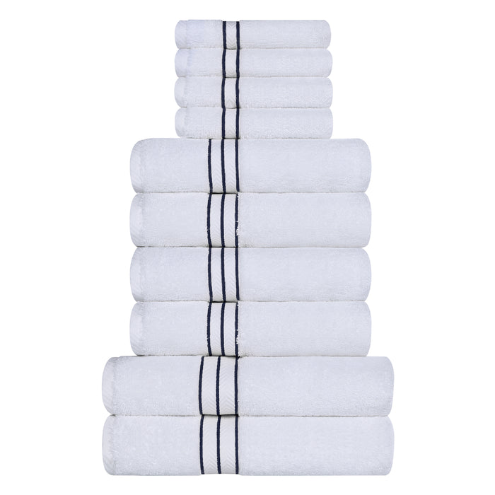 Turkish Cotton Ultra-Plush Solid 10-Piece Highly Absorbent Towel Set - White/Navy Blue
