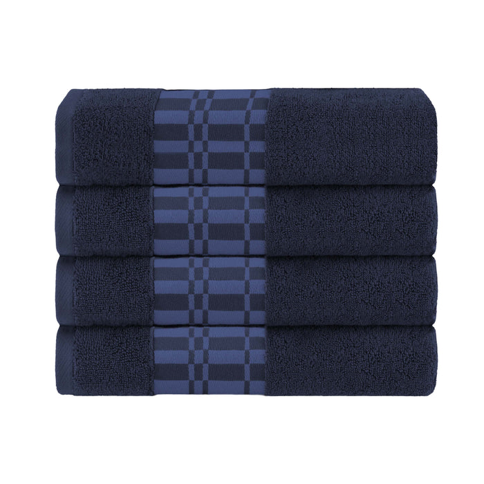 Cotton Geometric Embroidered Jacquard Border 4 Piece Bath Towel Set - Navy Blue